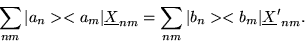 \begin{displaymath}\sum_{nm} \vert a_{n}><a_{m}\vert {\underline X}_{nm}
=\sum_{nm} \vert b_{n}><b_{m}\vert {\underline X'}_{nm}.
\end{displaymath}