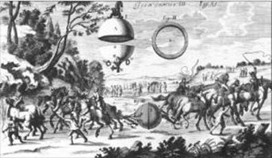 Erste Abbildung des Versuches mit den gro�en Magdeburger Halbkugeln, 1664